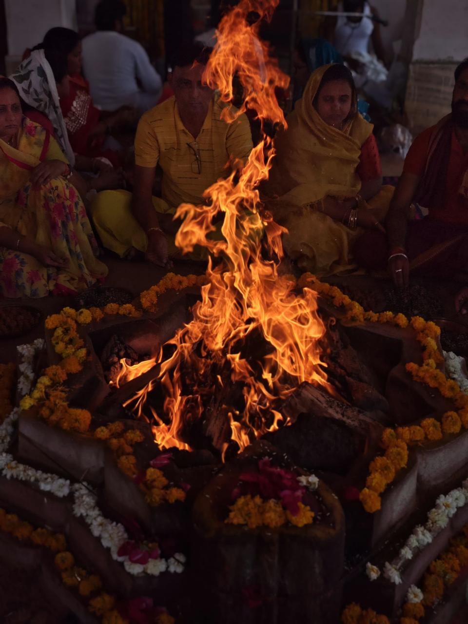 Vedic yajna and havan with floral arrangement at Omkareshwar